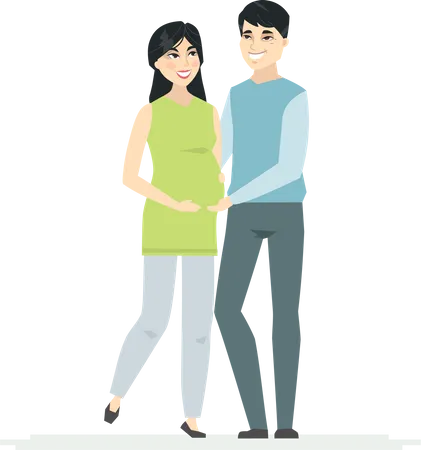 Chinese Couple Expecting A Baby Cartoon People Characters Illustration On White Background High Quality Composition With A Happy Young Family Wife And Husband Hugging Each Other Illustration