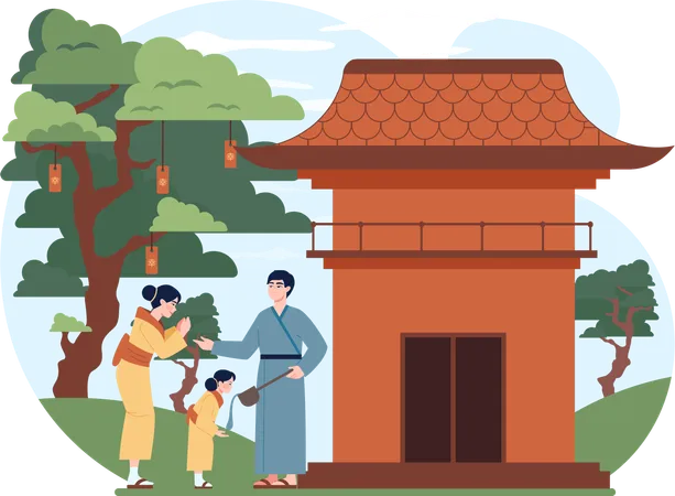 Chinese couple goes for temple visit  Illustration