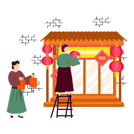 Chinese couple pasting decorations on spring festival  イラスト