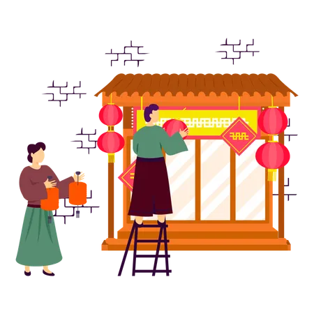 Chinese couple pasting decorations on spring festival  Illustration