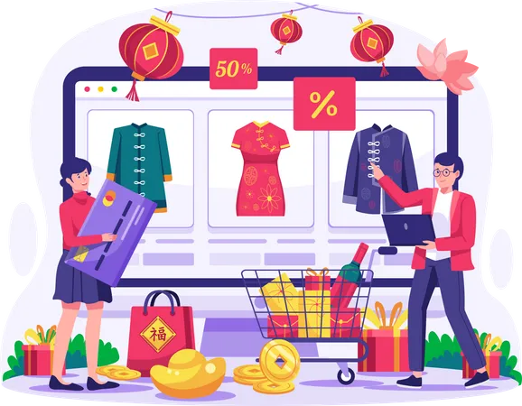 Chinese couple shopping online through website Illustration