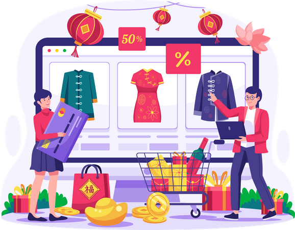 Chinese couple shopping online through website  Illustration