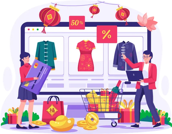 Chinese couple shopping online through website  Illustration