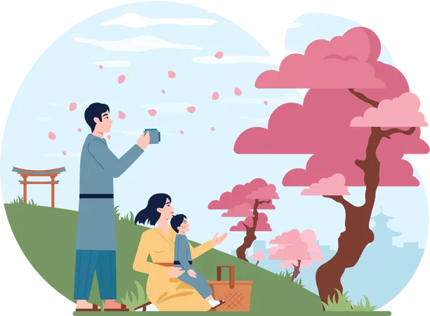 Chinese couple takes their child in park  Illustration