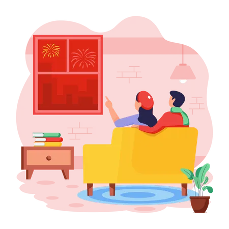 Chinese couple Watching Fireworks  Illustration