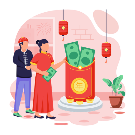 Chinese couple with Hongbao envelope  Illustration