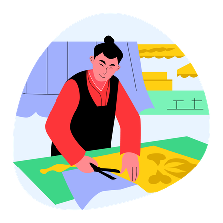 Chinese Craftsman Cutting craft paper Illustration