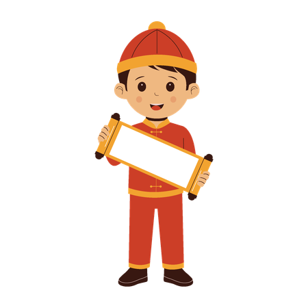 Chinese Cute Boy Holding Blank Sign  Illustration