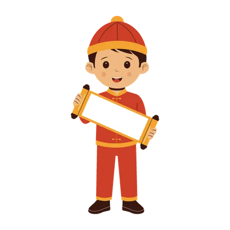 Chinese Cute Boy Holding Blank Sign  Illustration