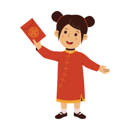 Chinese Cute Girl Holding Angpao Red Envelope  Illustration