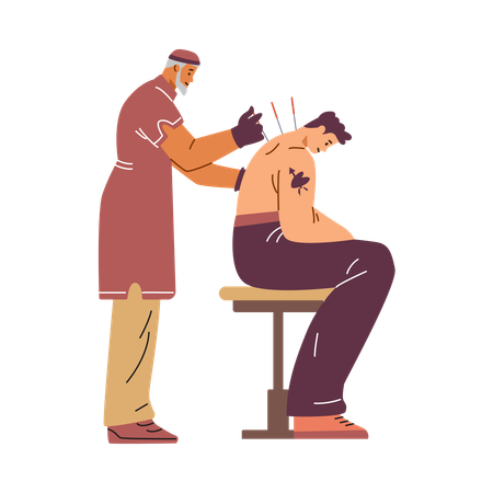 Chinese doctor who conducts an acupuncture session for young guy  Illustration