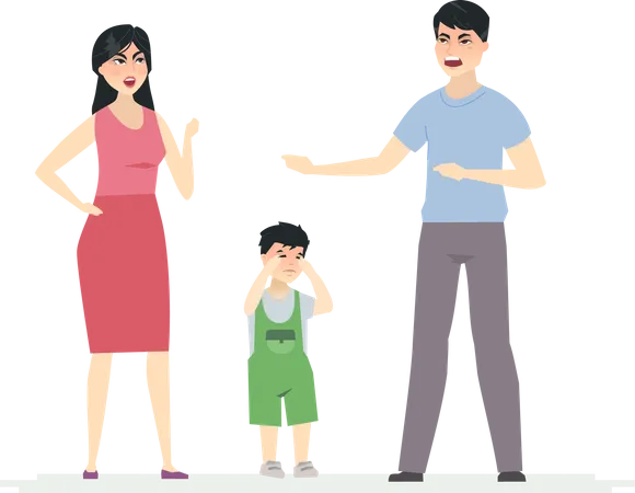 Chinese Family Arguing Cartoon People Character Vector Illustration On White Background An Image Of A Young Couple Parents Mad At Each Other Wife And Husband Shouting And A Little Son Crying Illustration
