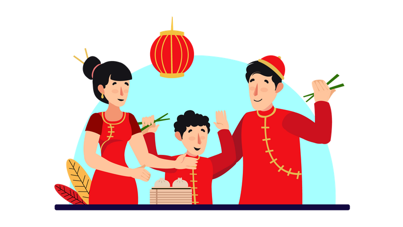 Chinese Family celebrating New Year  Illustration
