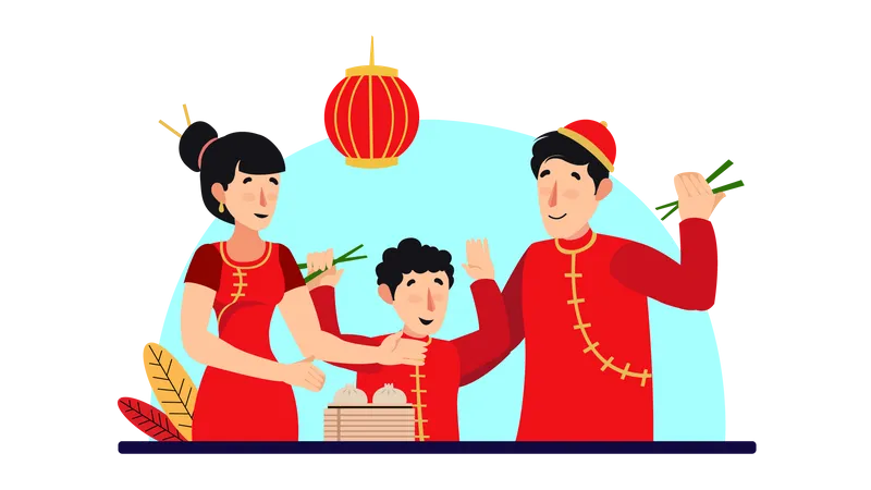 Chinese Family celebrating New Year Illustration