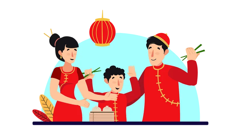 Chinese Family celebrating New Year  Illustration