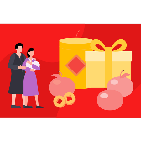 Chinese family celebrating Chinese New Year  Illustration