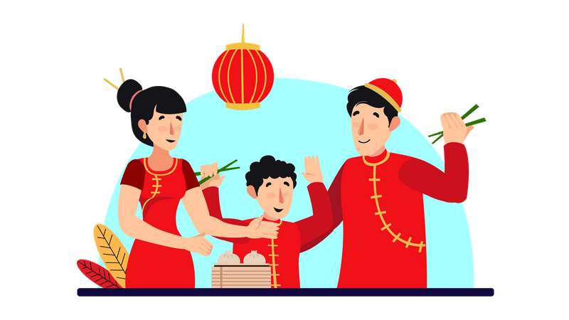 Chinese Family celebrating New Year  일러스트레이션