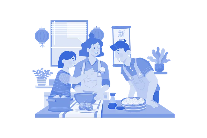 Kids Help Parents Cook For New Years Dinner Illustration