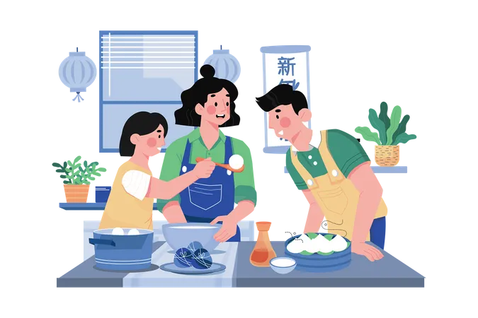 Chinese family doing dinner Illustration
