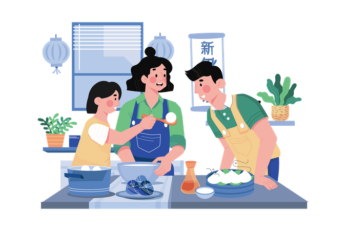 Chinese family doing dinner  Illustration