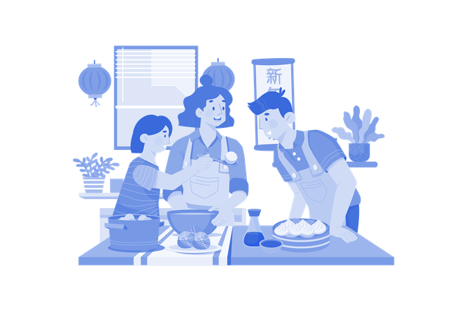 Chinese family doing dinner  Illustration