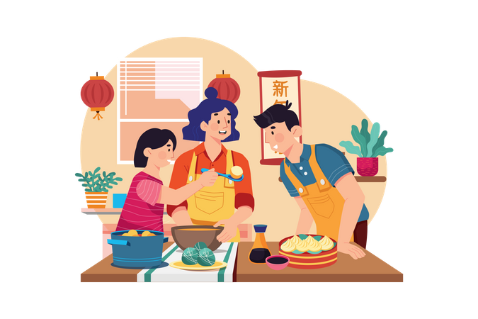 Chinese family doing dinner  일러스트레이션