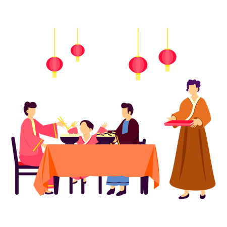 Chinese family Eating Noodles And Dumplings  Illustration
