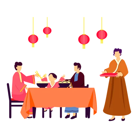 Chinese family Eating Noodles And Dumplings  イラスト