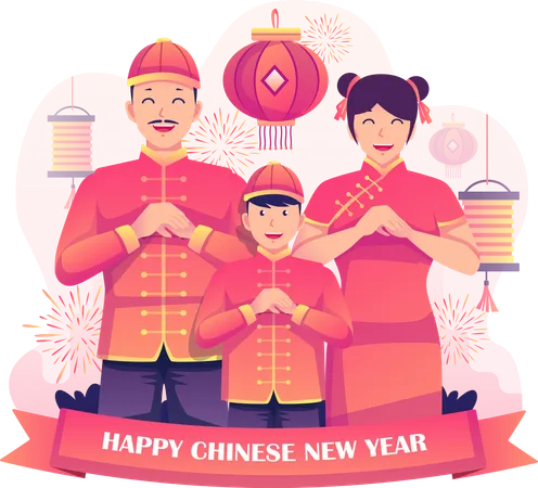 Chinese Family greeting new year  Illustration