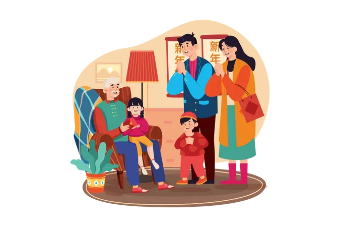 Chinese Family greeting on new year  Illustration