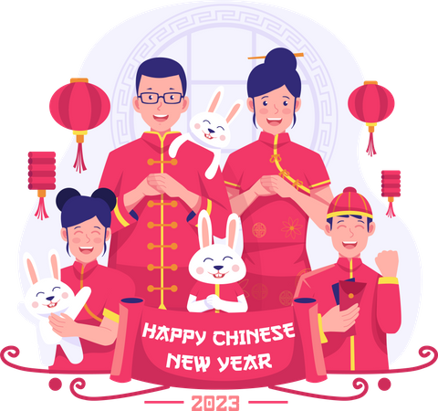 Chinese Family greeting to celebrate the Lunar new year  Illustration