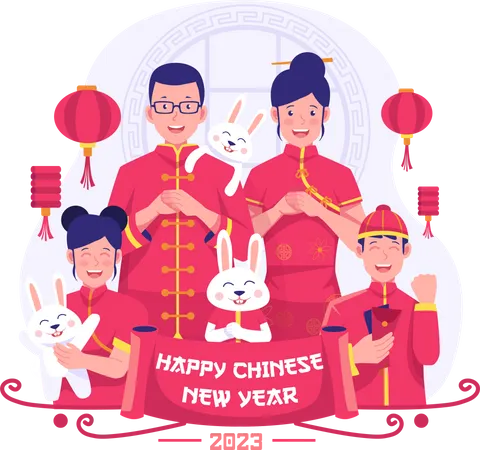 Chinese Family greeting to celebrate the Lunar new year  Illustration