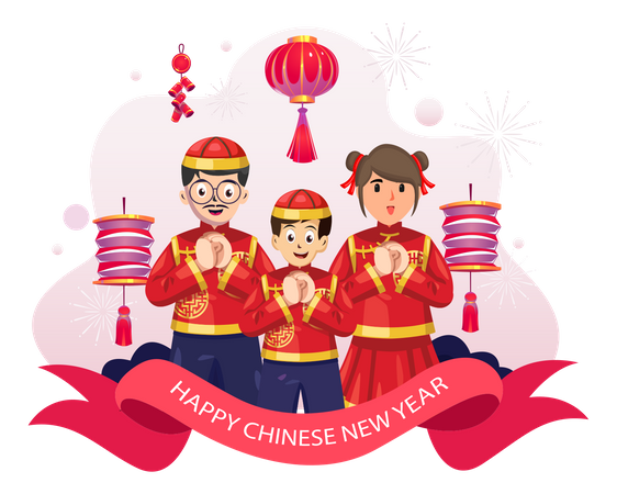 Chinese Family In Traditional Dress Costume Doing Salute Etiquette  Illustration