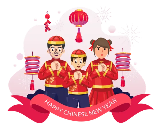Chinese New Year Concept Chinese Family In Traditional Dress Costume Doing Salute Etiquette Fist And Palm Gesture Greeting To Celebrate The Lunar New Year Flat Vector Illustration
