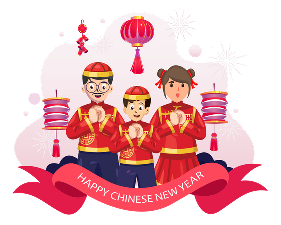 Chinese Family In Traditional Dress Costume Doing Salute Etiquette  Illustration