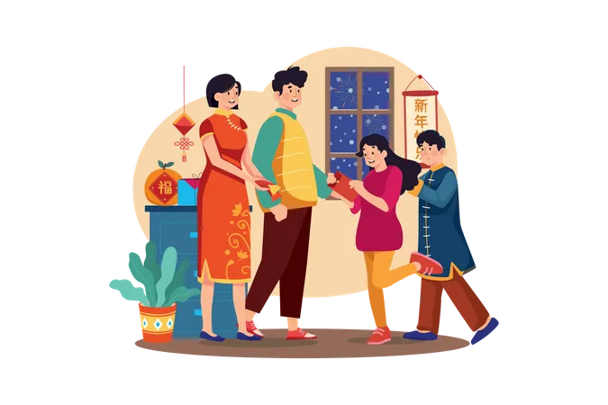 Chinese family reading letters Illustration