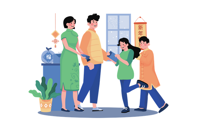 Chinese family reading letters  Illustration