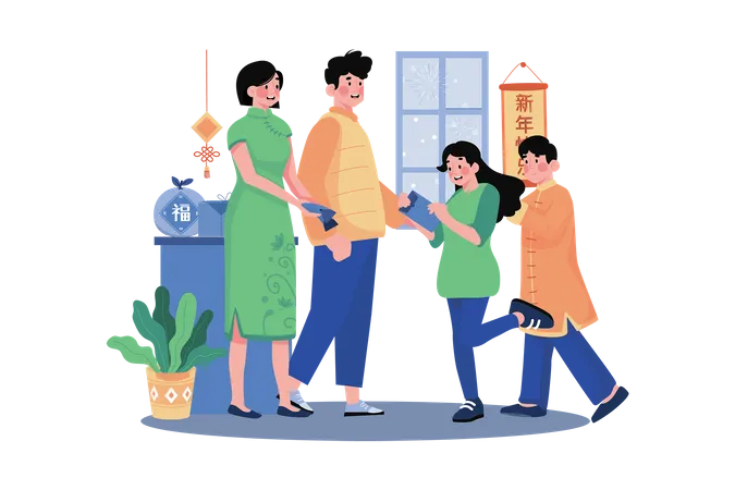 Chinese family reading letters  Illustration