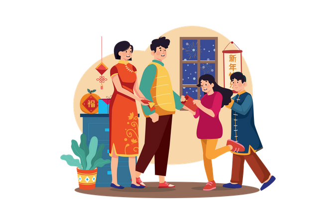 Chinese family reading letters  Illustration