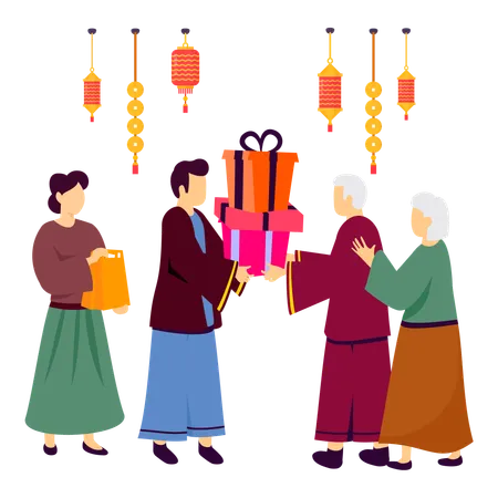 Chinese family  sending blessing messages  イラスト