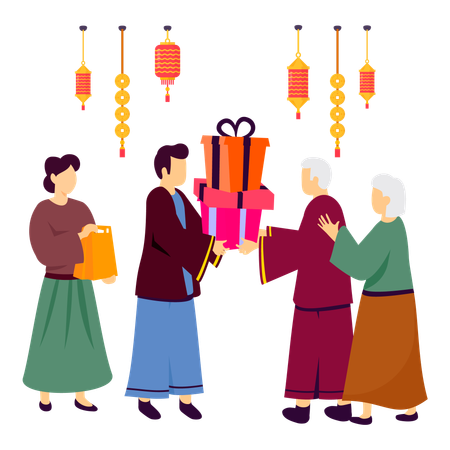 Chinese family  sending blessing messages  Illustration