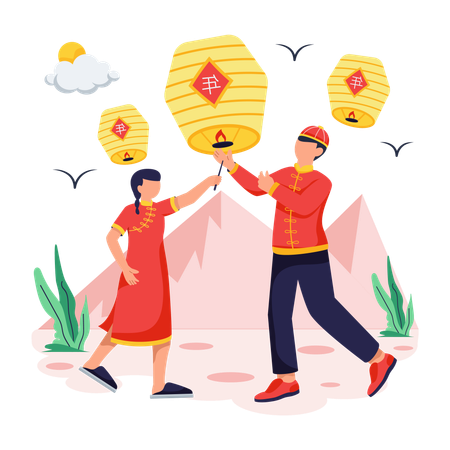 Chinese Father and daughter Flying Lanterns  Illustration
