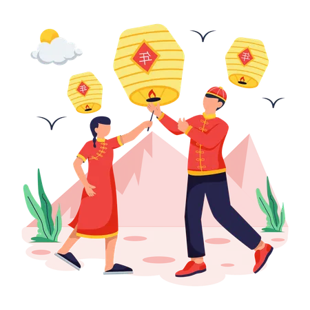 Chinese Father and daughter Flying Lanterns  Illustration