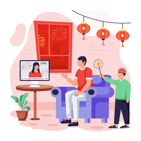 Chinese father and  son Watching TV  Illustration