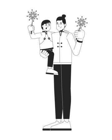 Chinese father with son in tang suits holding sparkler sticks  Illustration