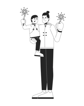 Chinese father with son in tang suits holding sparkler sticks  Illustration