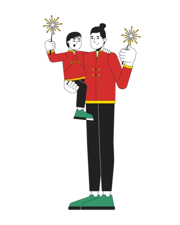 Chinese father with son in tang suits holding sparkler sticks  Illustration