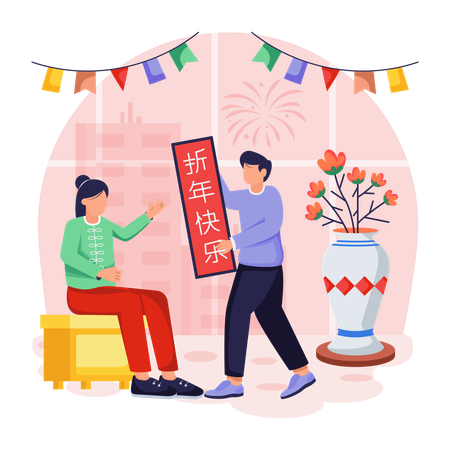 Chinese girl and boy Decorating Home  Illustration
