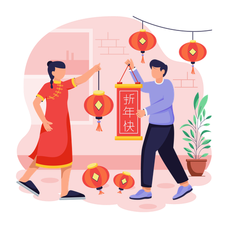 Chinese girl and man doing New Year Decoration  Illustration