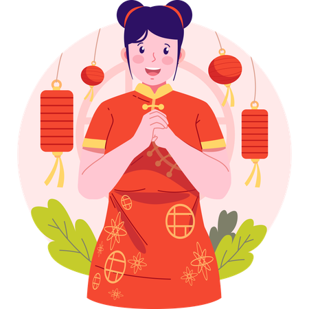 Chinese girl giving chinese new year Greeting  Illustration